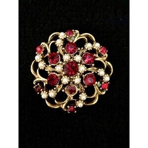 Vintage 1950s Red Rhinestone and Faux Pearl Gold Tone Brooch